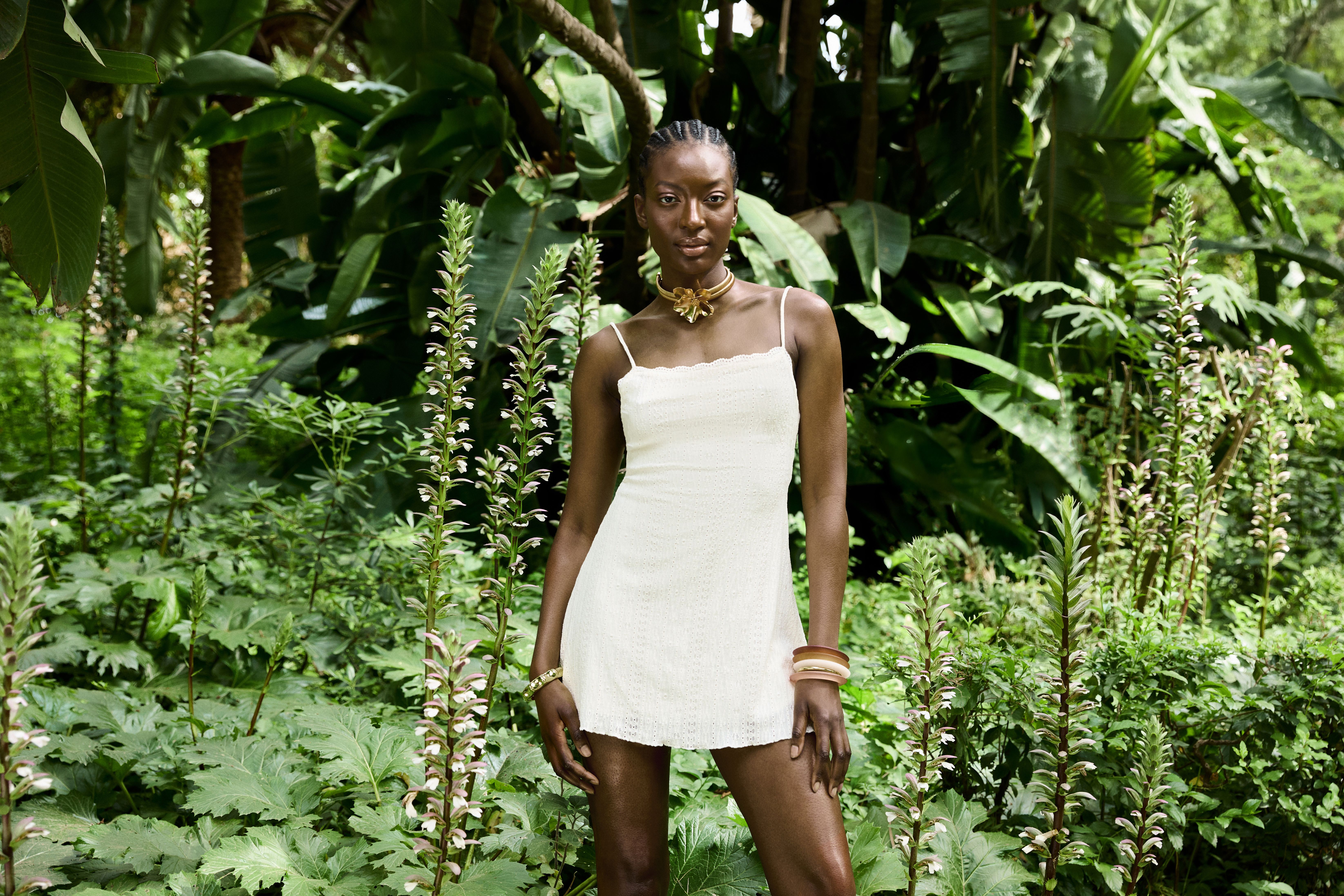 A fashionable dress highlighted in a vibrant setting.